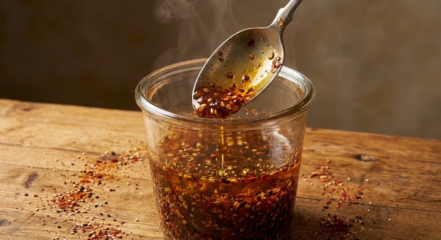 A spoon dipping into a jar of chili oil showing suspended chili flakes and golden oil