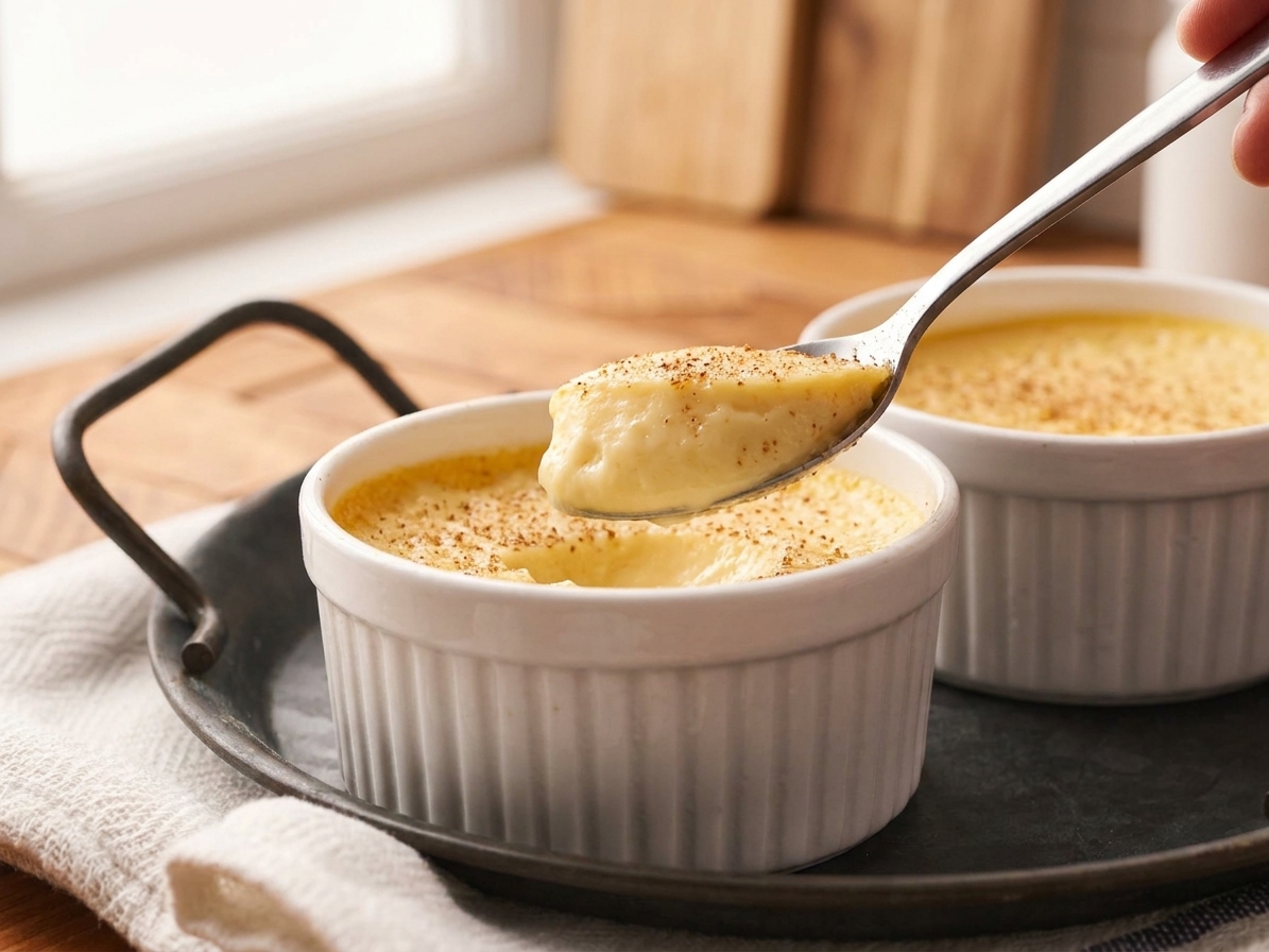 A spoon dipping into chilled egg custard in a ramekin, showing a smooth creamy texture with a light nutmeg dusting on top, close-up on a kitchen table