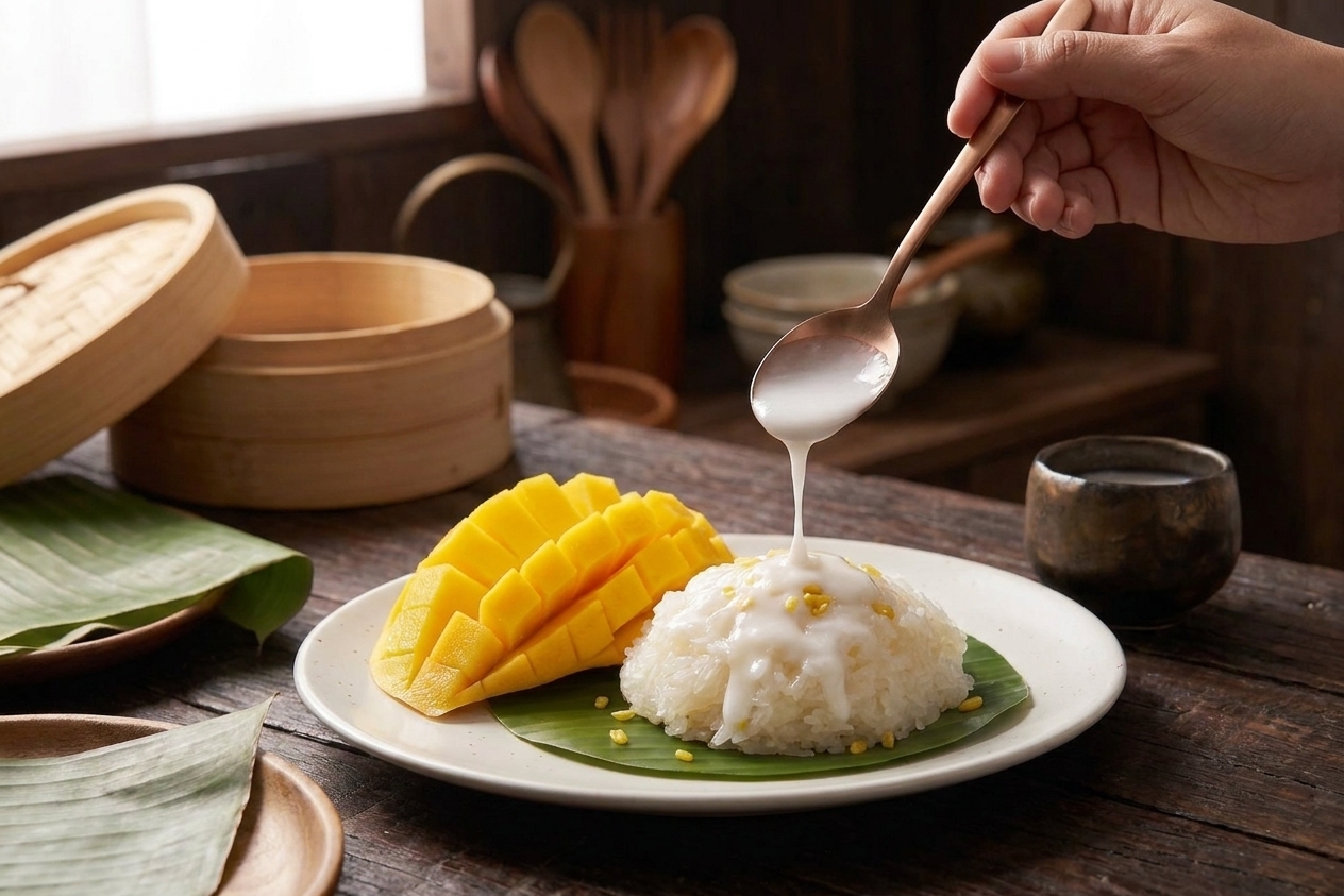 A spoon drizzles coconut sauce over a mound of sticky rice next to sliced mango on a white plate