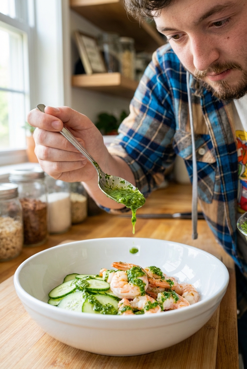 A spoon drizzling a green citrus herb sauce over a bowl of cooked shrimp and sliced cucumbers