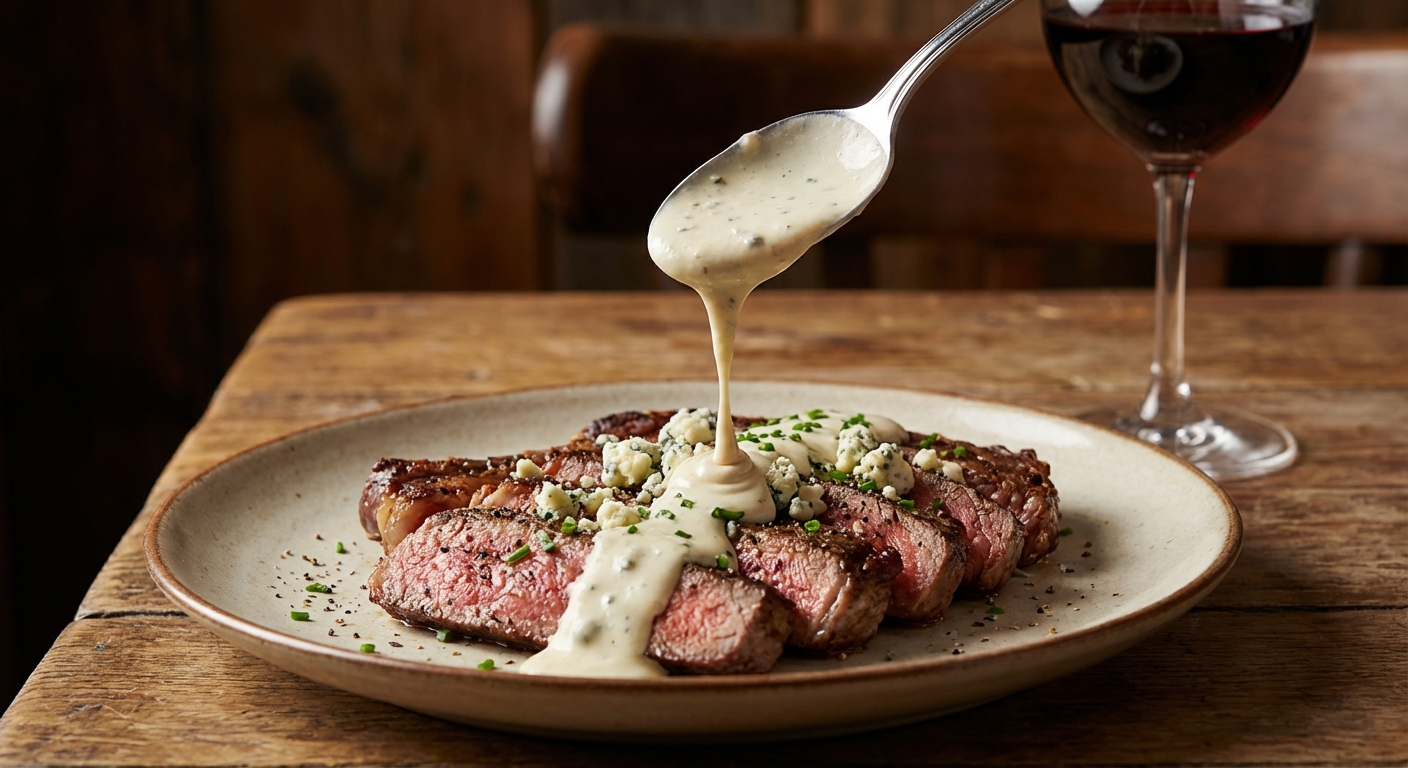 A spoon drizzling blue cheese cream sauce over sliced steak on a plate