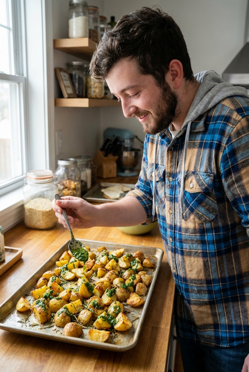 A spoon drizzling bright green herb sauce over crispy roasted potatoes on a sheet pan