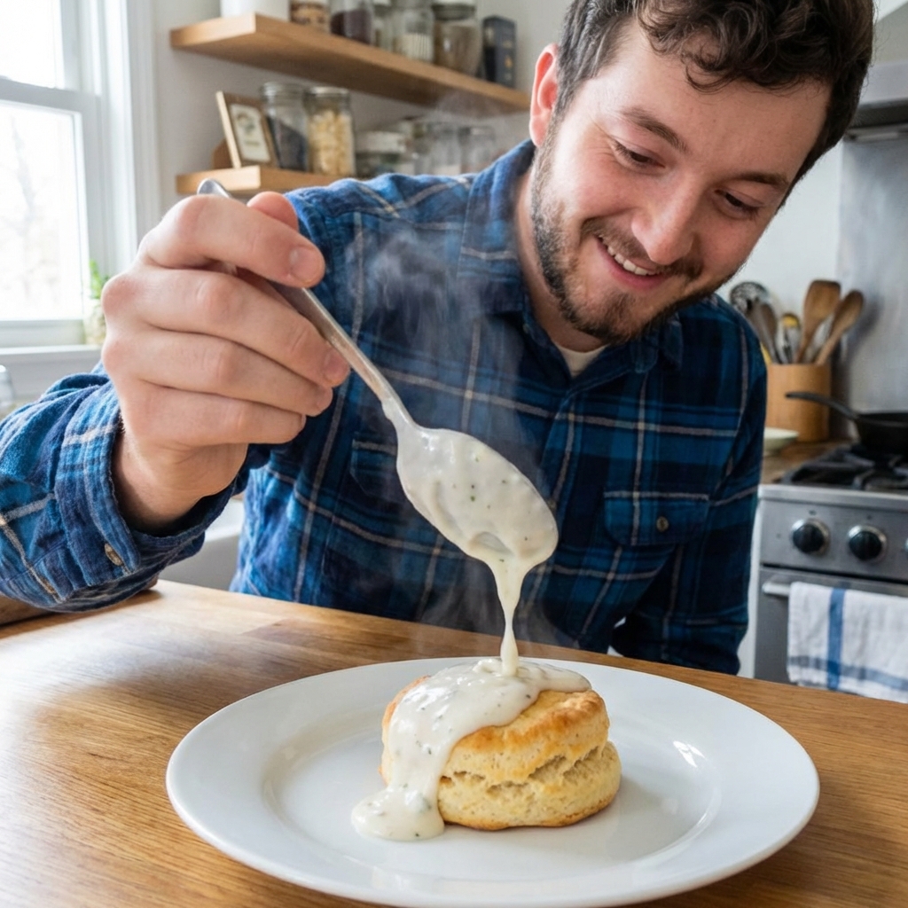 A spoon drizzling bright white herb gravy over a warm biscuit on a plate