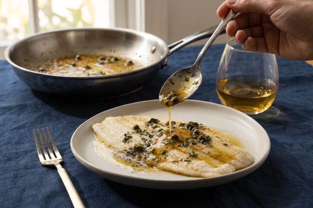 A spoon drizzling browned butter lemon caper sauce over a cooked Dover sole fillet on a plate, in a warm home kitchen