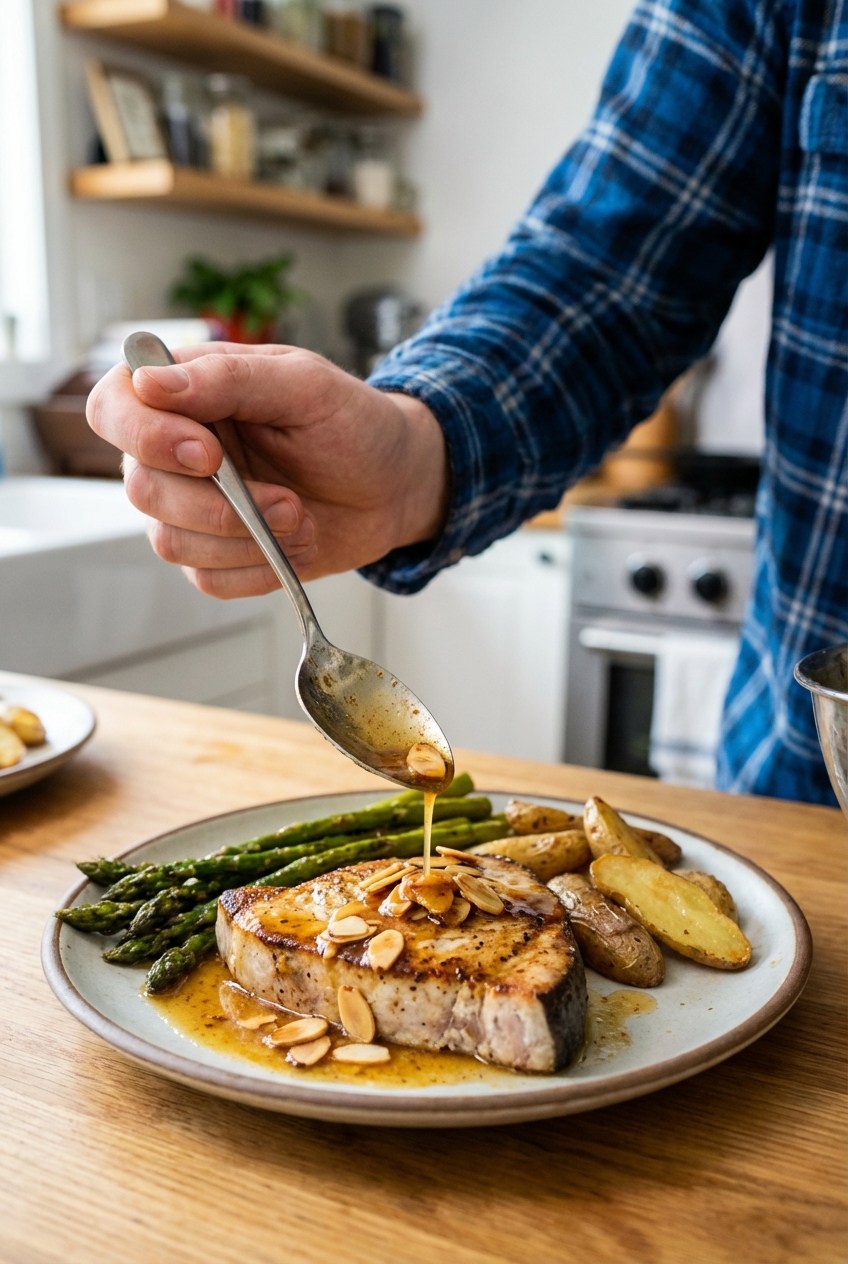 A spoon drizzling browned butter sauce with toasted almonds over a cooked swordfish steak