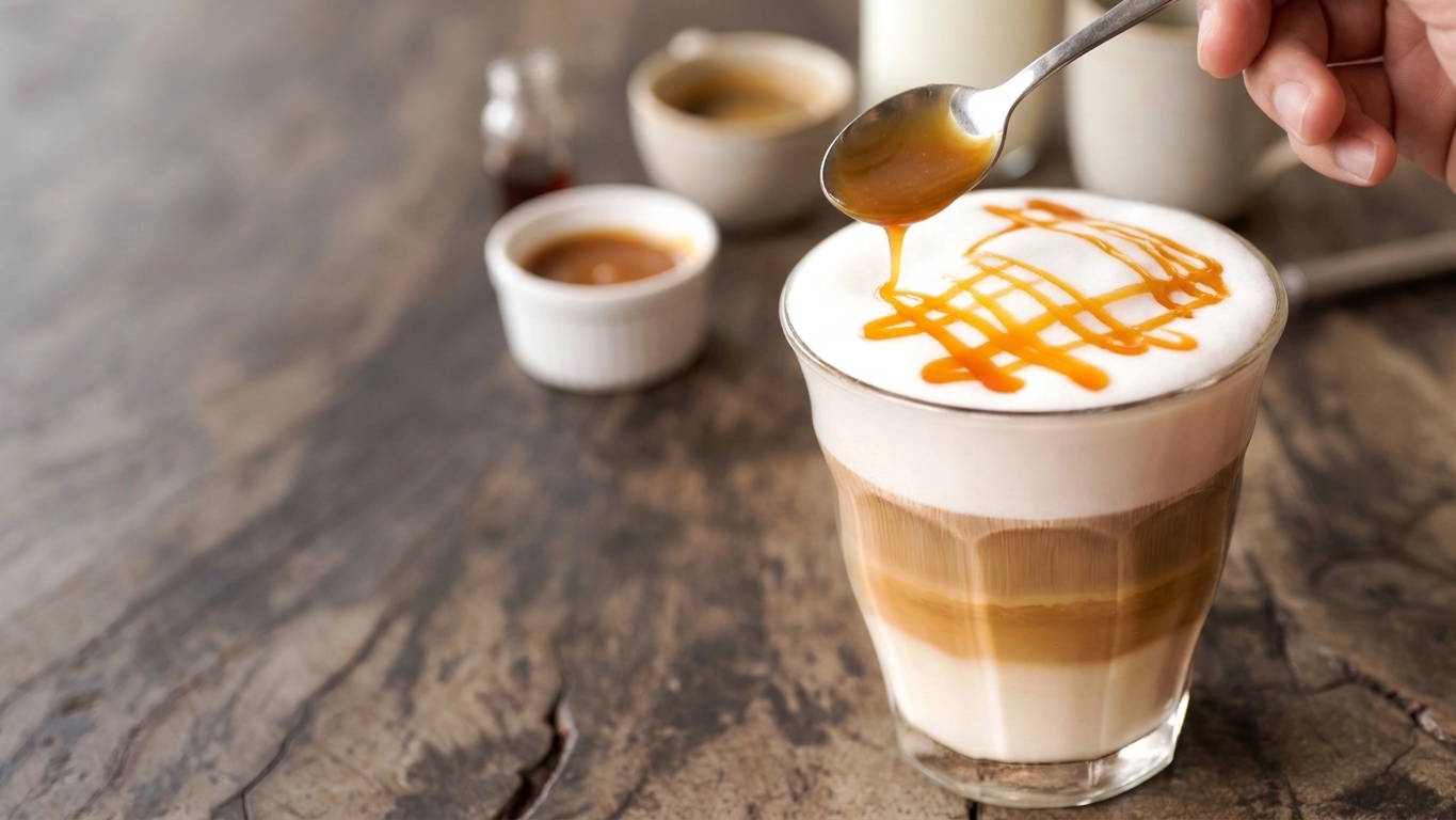 A spoon drizzling caramel sauce in thin ribbons over a foamy caramel macchiato in a clear glass on a stone counter