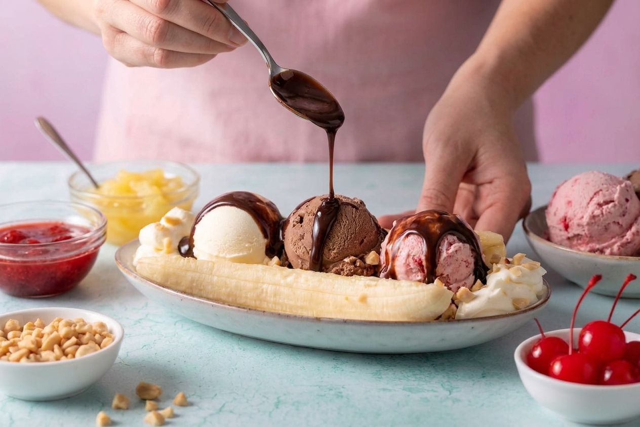 A spoon drizzling chocolate syrup over ice cream in a banana split dish on a kitchen counter, with strawberry and pineapple toppings nearby