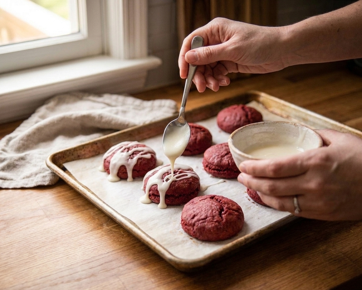 A spoon drizzling cream cheese glaze over warm red velvet biscuits on a parchment-lined baking sheet