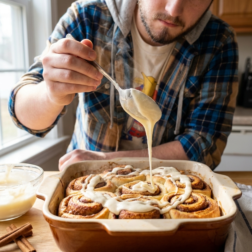 A spoon drizzling cream cheese icing over a warm cinnamon roll casserole with golden edges in a baking dish, real food photography