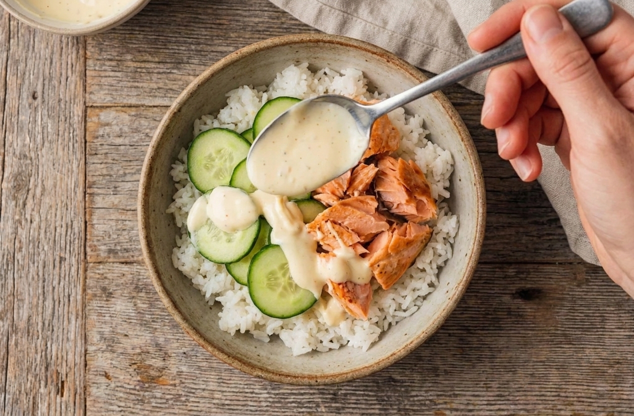 A spoon drizzling creamy Kewpie mayo sauce over a rice bowl with sliced cucumber and salmon on a wooden table