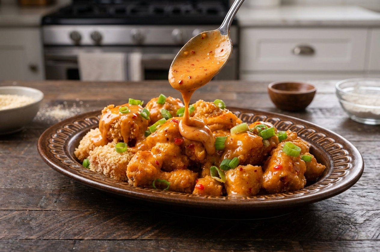 A spoon drizzling creamy bang bang sauce over a pile of crispy chicken bites on a serving platter