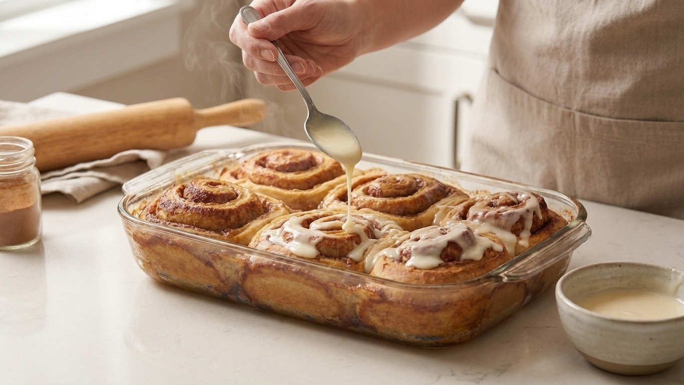 A spoon drizzling creamy glaze over warm cinnamon rolls in a baking dish on a kitchen counter
