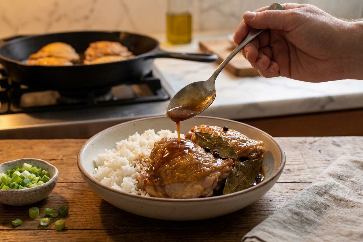 A spoon drizzling glossy adobo sauce over chicken and rice in a shallow bowl on a wooden table, cozy dinner lighting