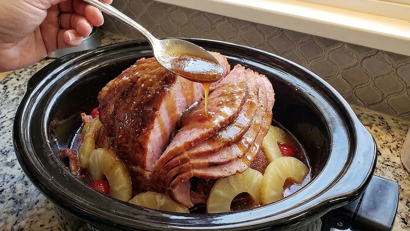 A spoon drizzling glossy brown sugar glaze over a spiral ham inside a slow cooker