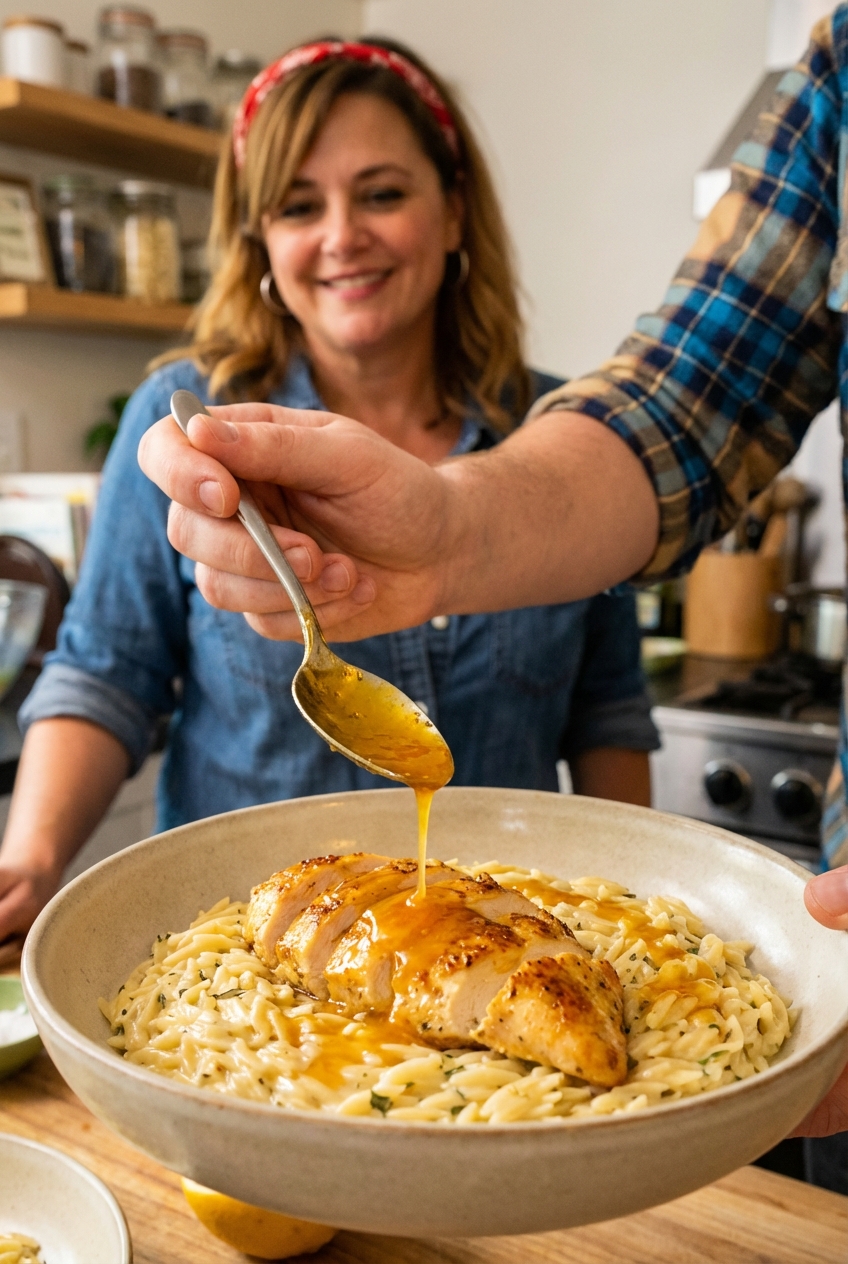 A spoon drizzling glossy citrus sauce over sliced chicken and creamy orzo in a shallow bowl