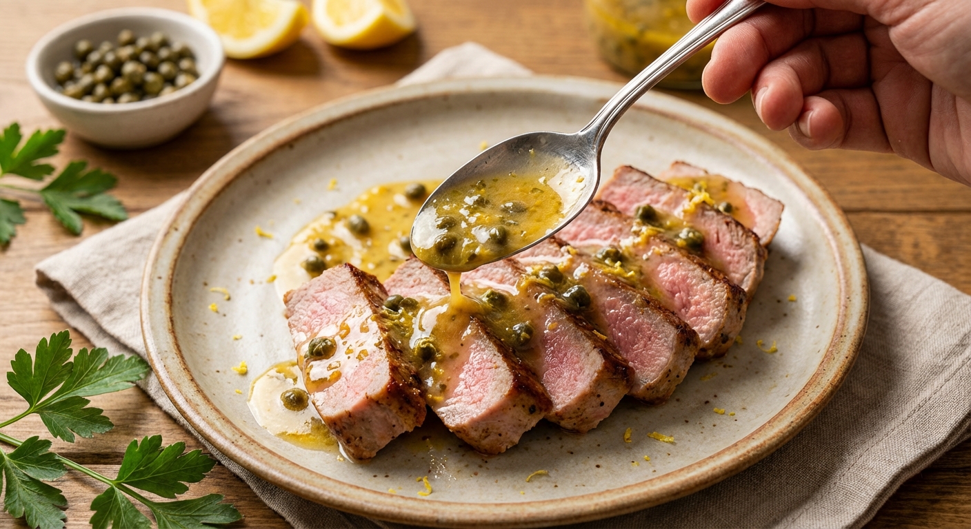 A spoon drizzling glossy lemon Dijon caper sauce over sliced pork steak on a plate