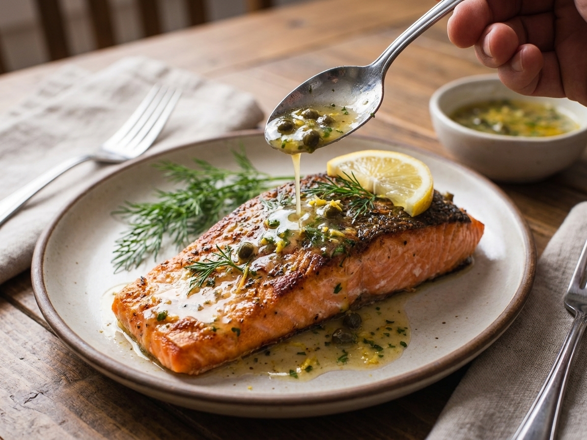 A spoon drizzling glossy lemon caper butter sauce over seared sockeye salmon on a plate on a dining table