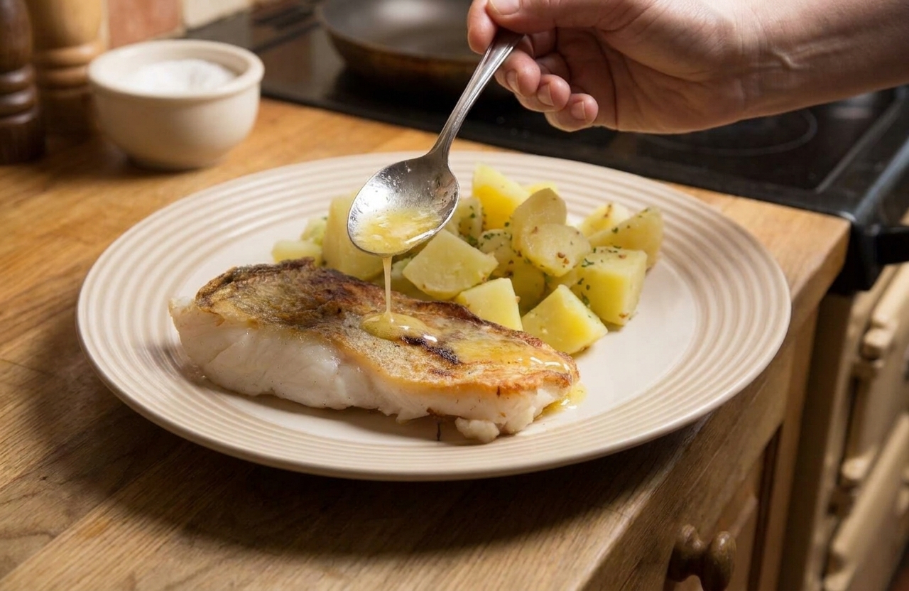 A spoon drizzling glossy lemon garlic butter sauce over a golden pan seared pollock fillet on a plate in warm kitchen light