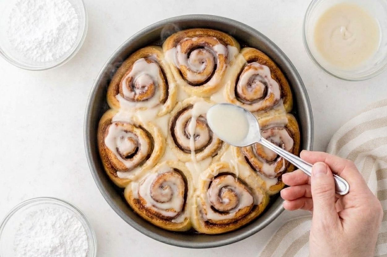 A spoon drizzling glossy vanilla glaze over a pan of cinnamon rolls on a neutral stone countertop