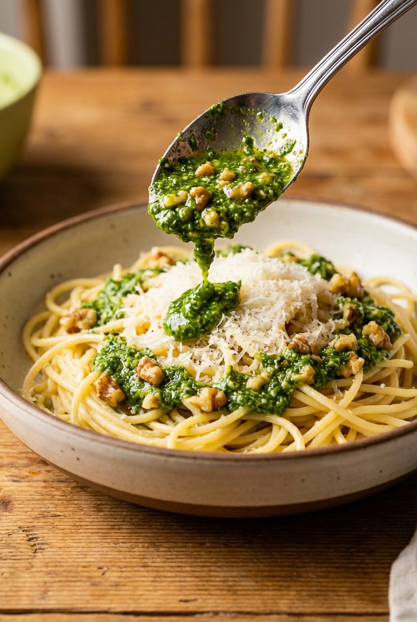 A spoon drizzling green herb and nut mixture over a bowl of pasta with grated cheese