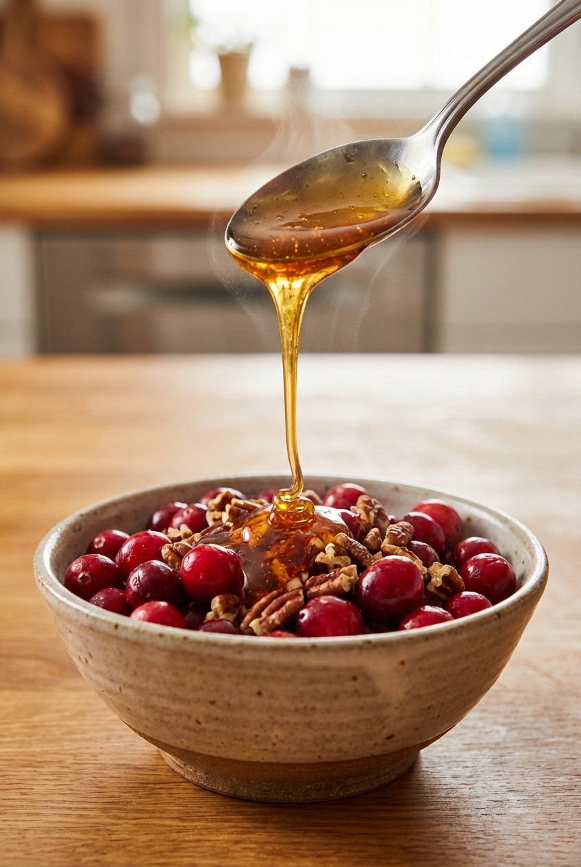 A spoon drizzling hot honey over a small bowl of cranberries and chopped pecans