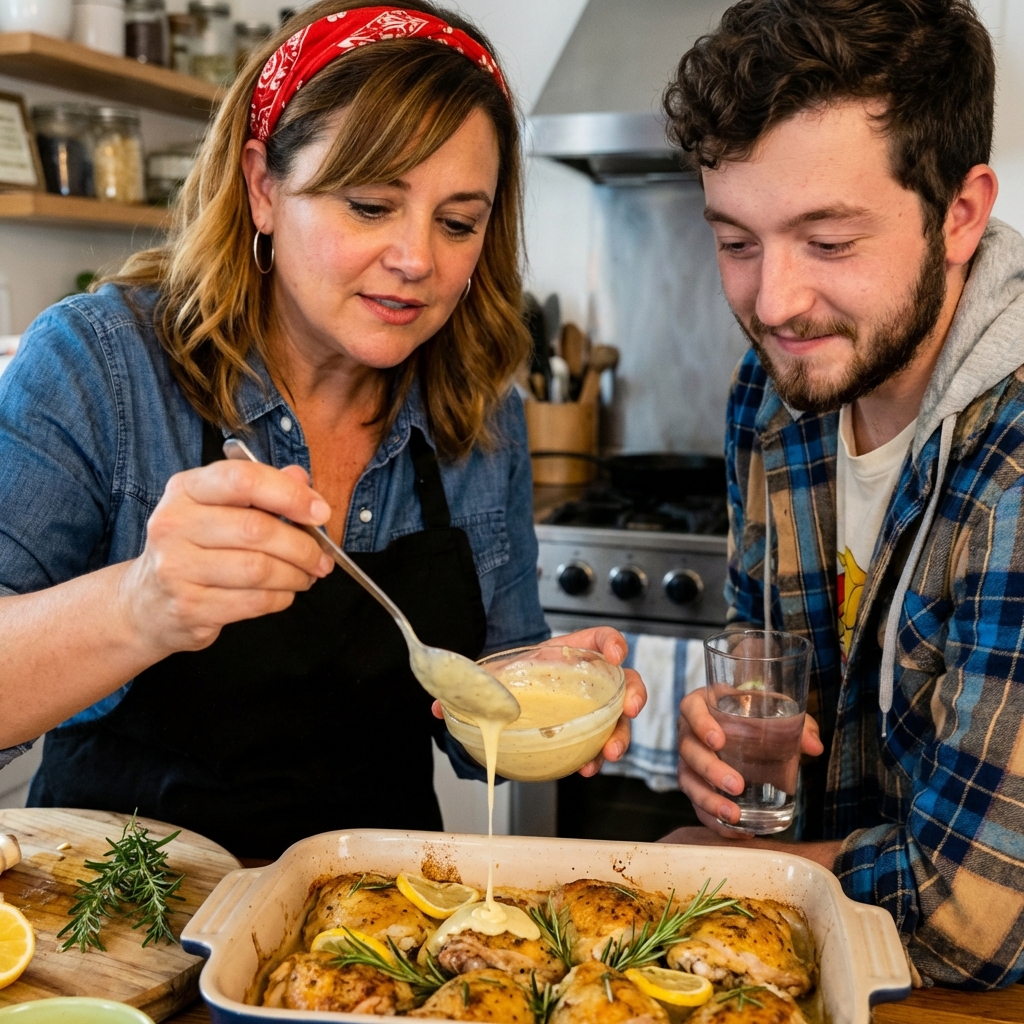 A spoon drizzling lemon Dijon sauce over baked chicken thighs