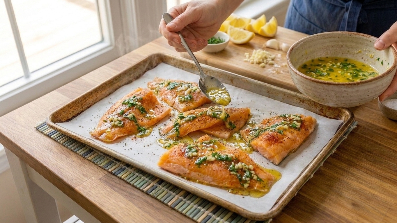 A spoon drizzling lemon garlic butter sauce over baked orange roughy fillets in the pan