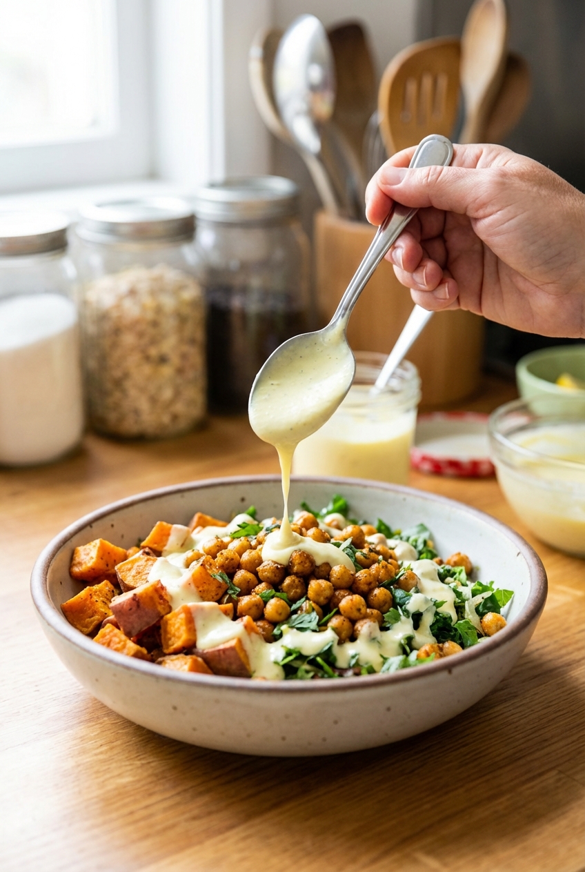 A spoon drizzling lemon yogurt sauce over a sweet potato and chickpea bowl