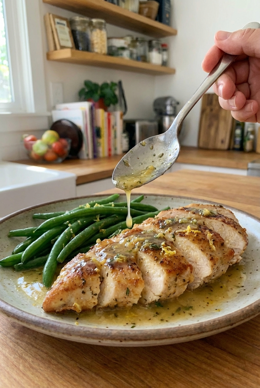 A spoon drizzling lemony pan sauce over sliced chicken on a plate with green beans