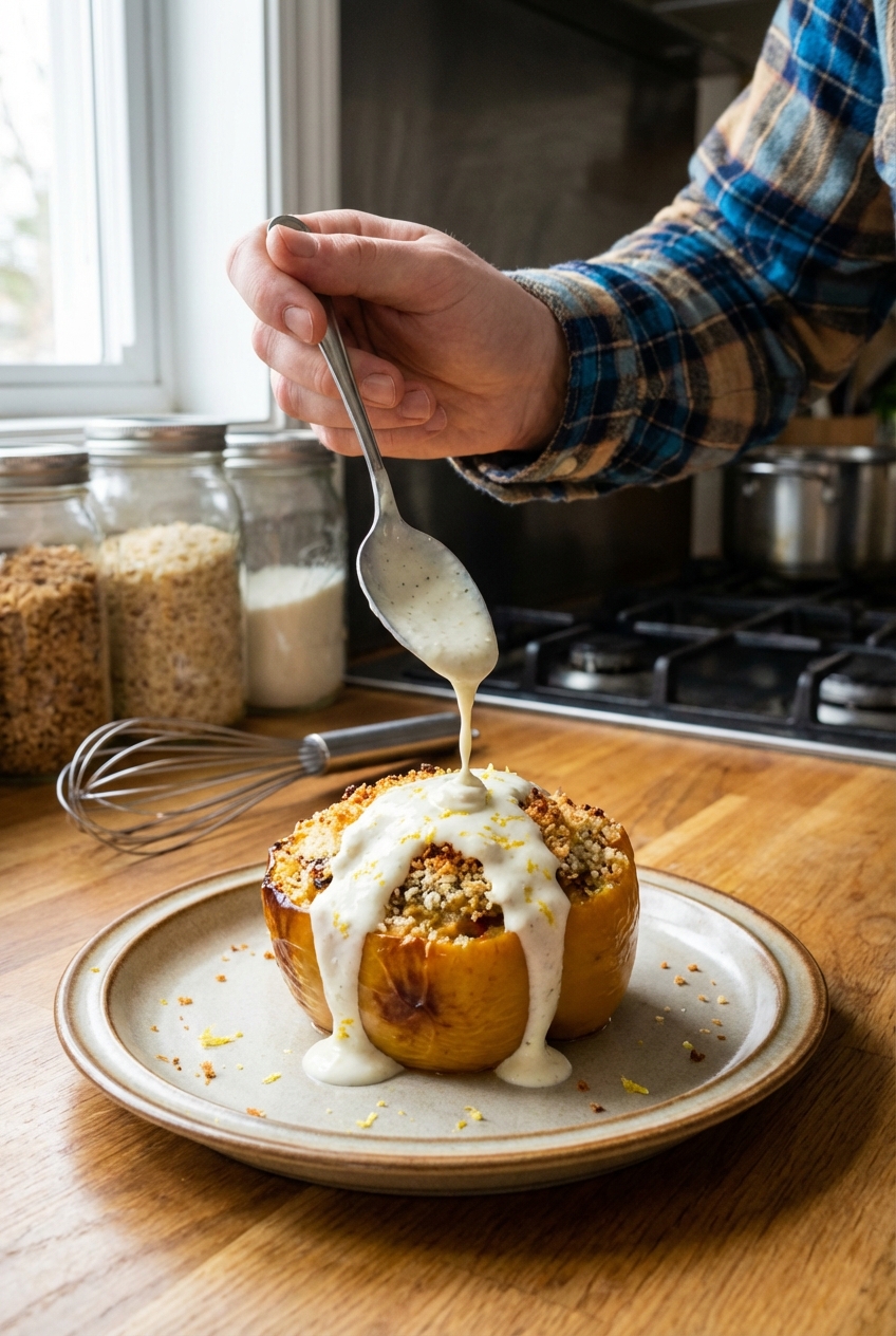 A spoon drizzling lemony yogurt sauce over a stuffed bell pepper with toasted panko topping