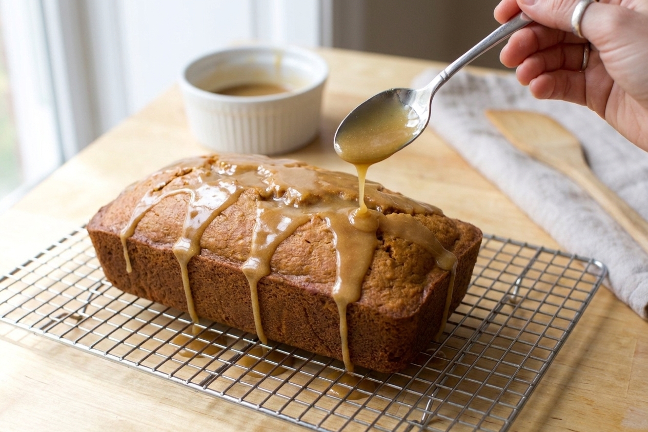A spoon drizzling maple glaze over a cooled sweet potato pound cake loaf on a wire rack