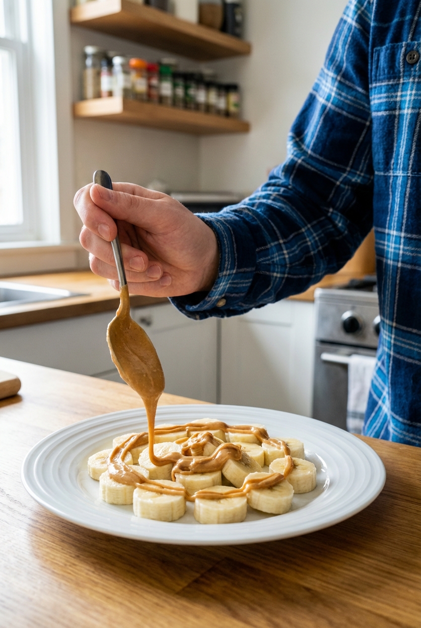 A spoon drizzling peanut butter over sliced banana on a plate