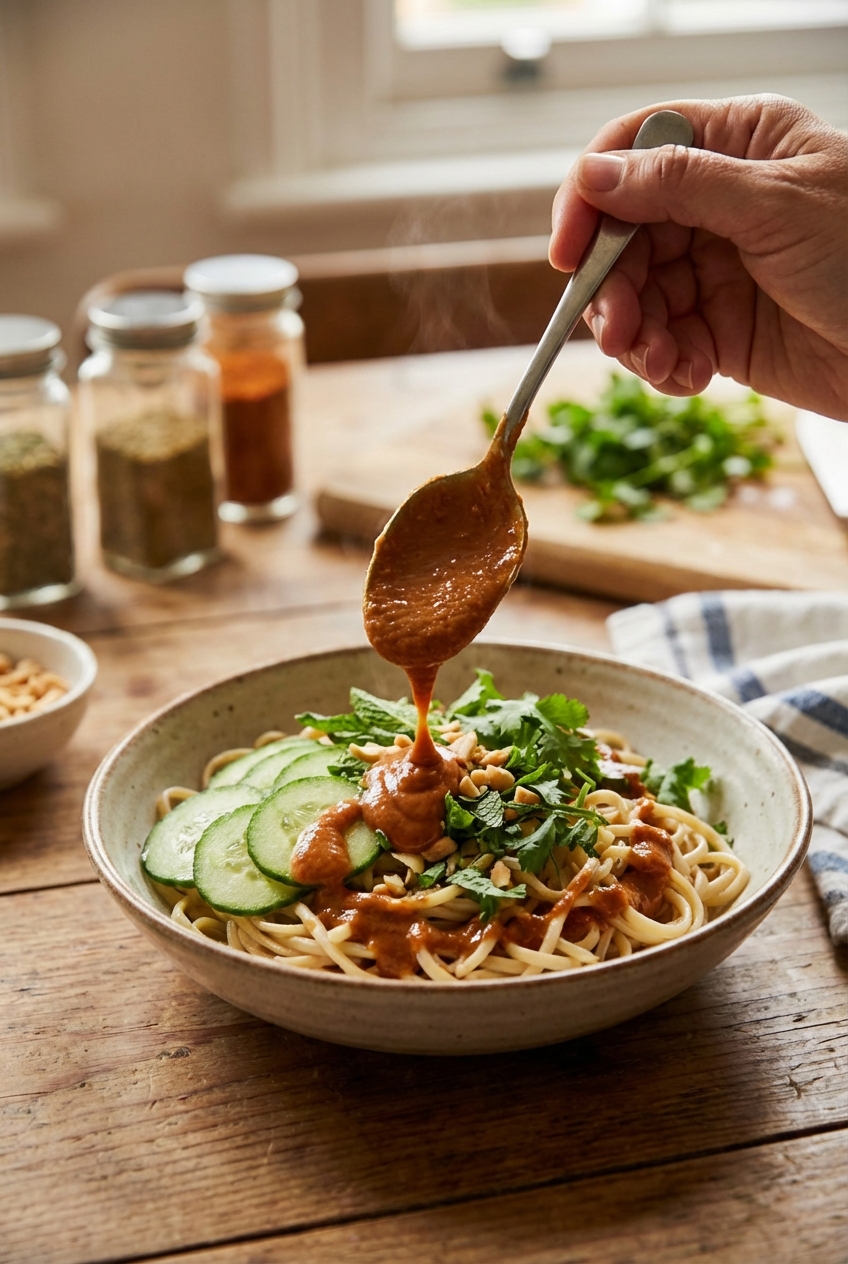 A spoon drizzling smoky spicy peanut sauce over a bowl of noodles with cucumbers and herbs