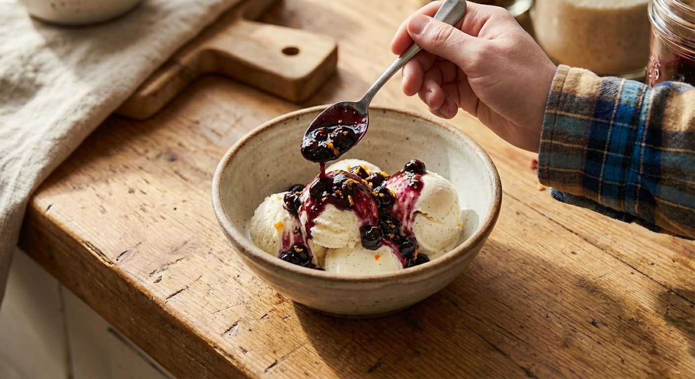 A spoon drizzling sweet and spicy blueberry sauce over vanilla ice cream in a bowl