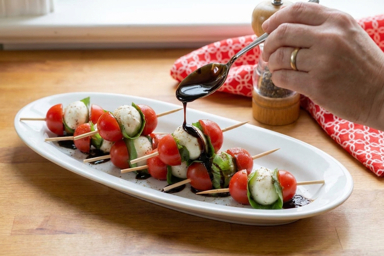 A spoon drizzling thick balsamic glaze over Caprese skewers arranged on a white platter on a kitchen counter
