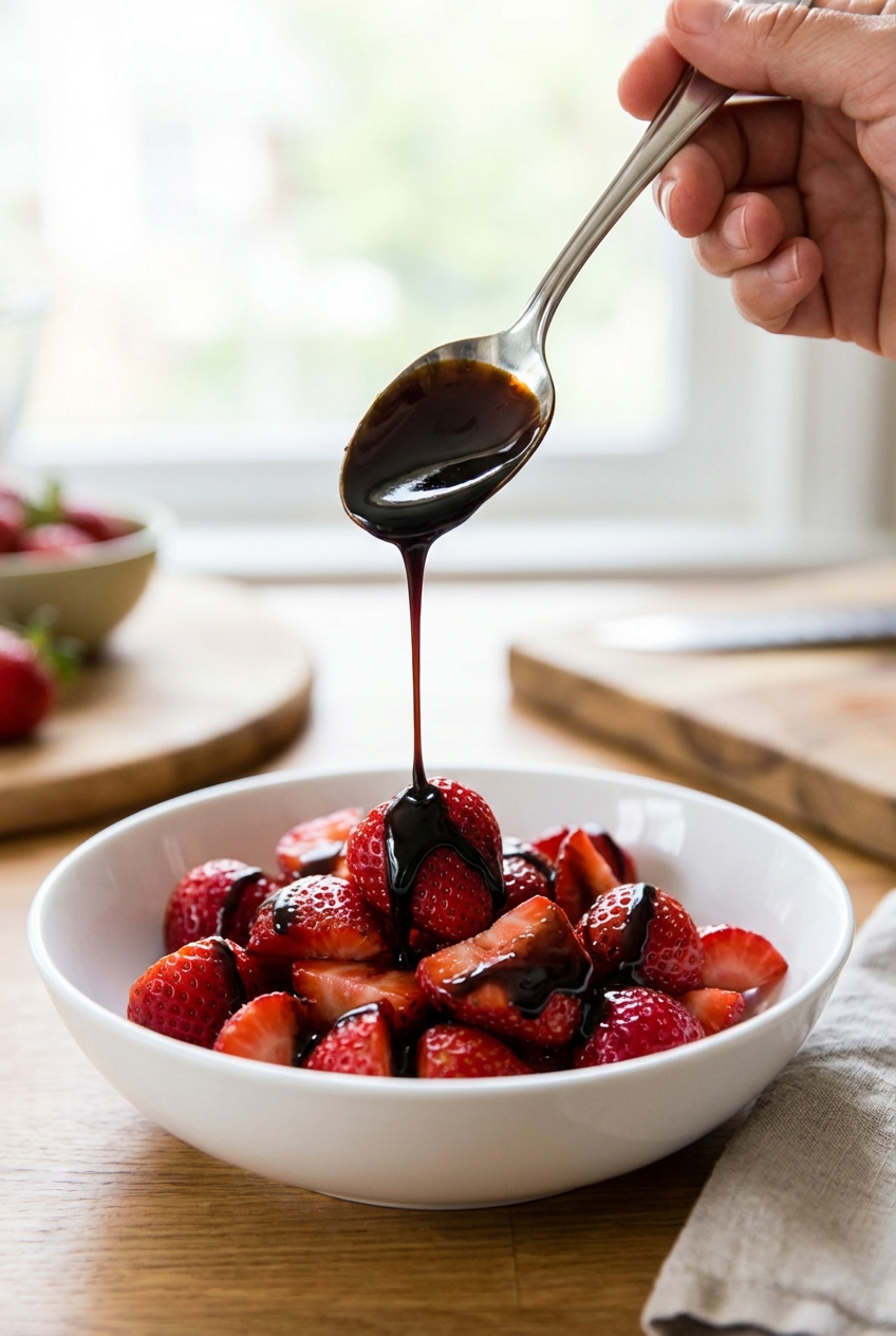 A spoon drizzling thick balsamic glaze over sliced strawberries in a white bowl