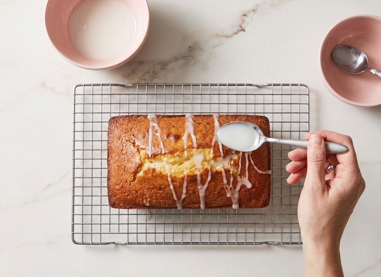 A spoon drizzling thin powdered sugar frosting over a cooled loaf cake on a wire rack
