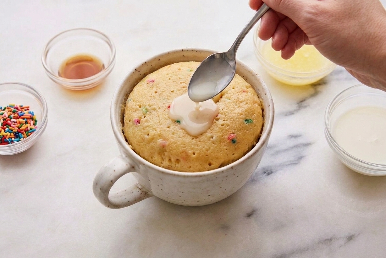A spoon drizzling thin vanilla glaze over the top of a warm mug cake on a neutral countertop