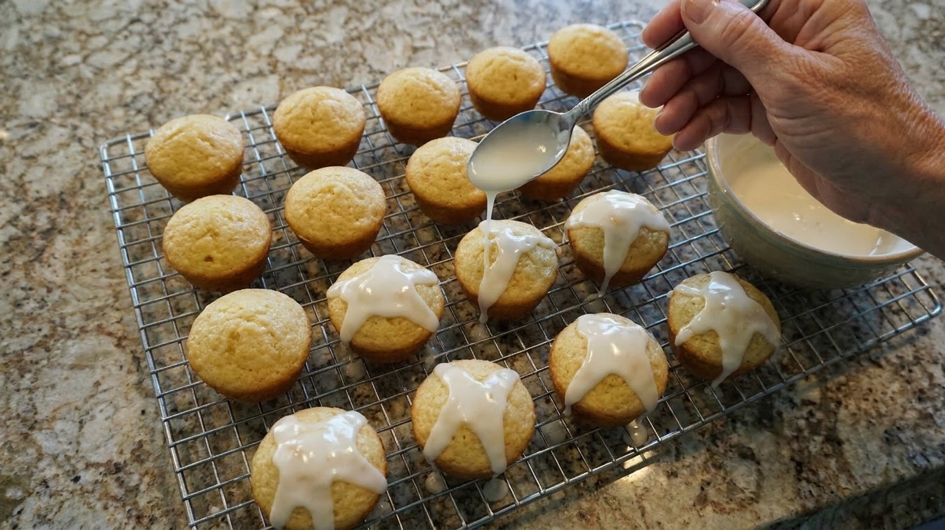 A spoon drizzling vanilla glaze over cooled mini muffins on a wire rack