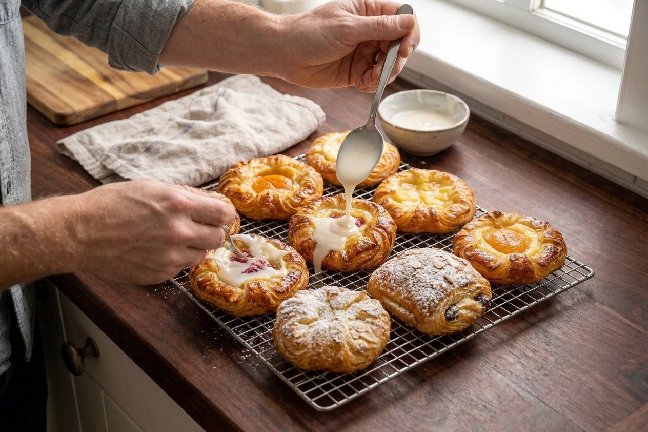 A spoon drizzling vanilla icing over cooled Danish pastries on a wire rack on a kitchen counter