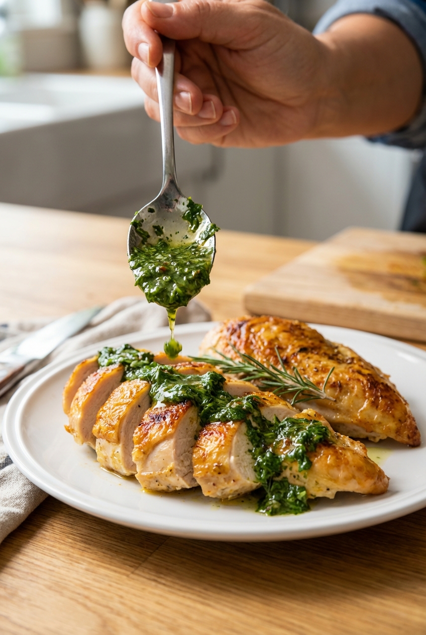 A spoon drizzling vivid green herb sauce over sliced roasted chicken on a white plate