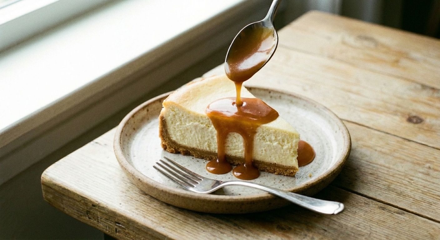 A spoon drizzling warm caramel sauce over a dessert plate