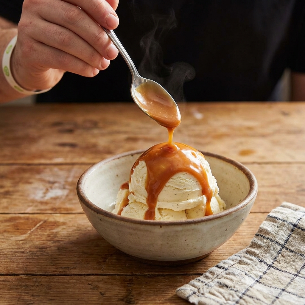 A spoon drizzling warm caramel sauce over a scoop of vanilla ice cream in a ceramic bowl on a wooden table