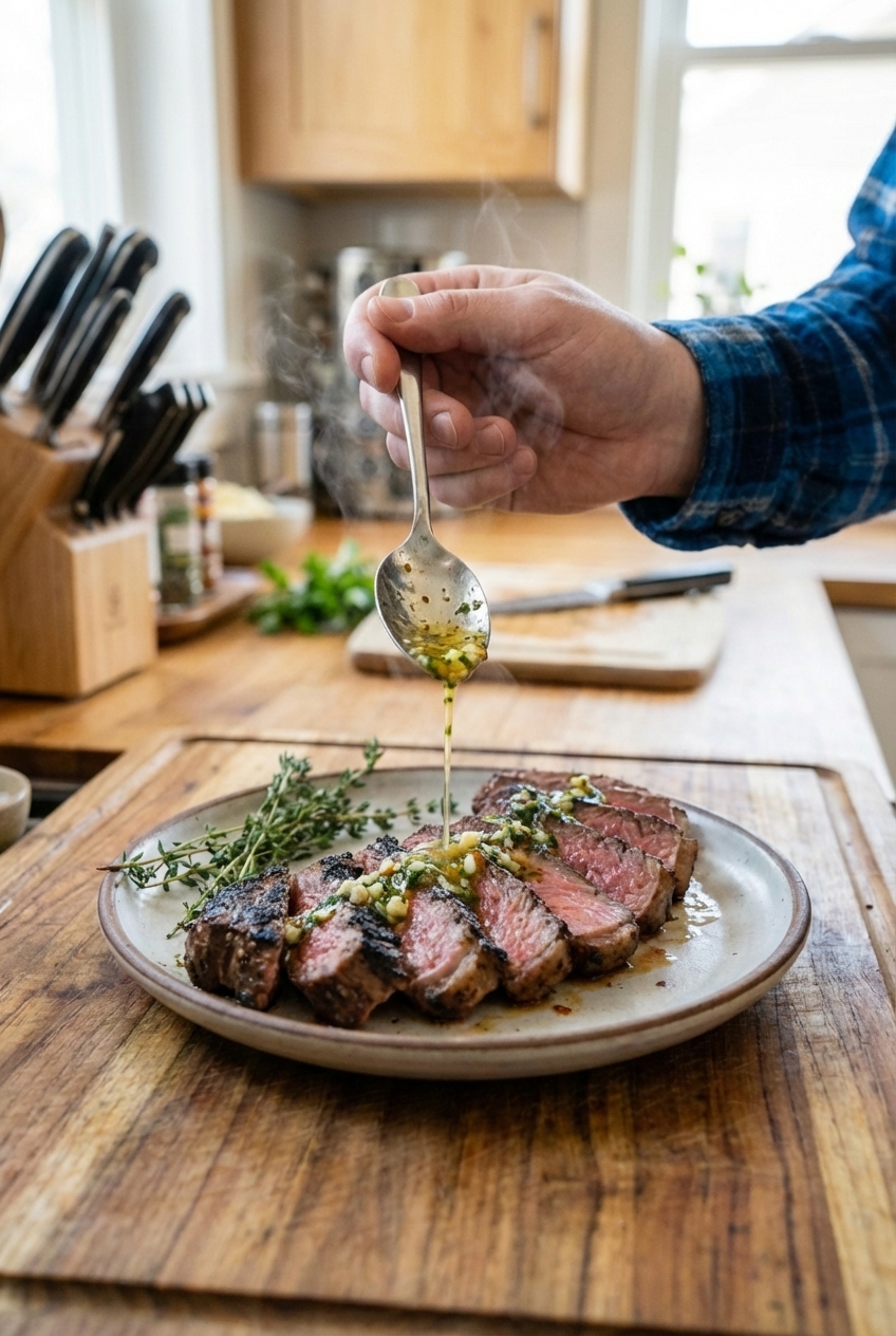 A spoon drizzling warm cowboy butter over sliced grilled steak on a plate