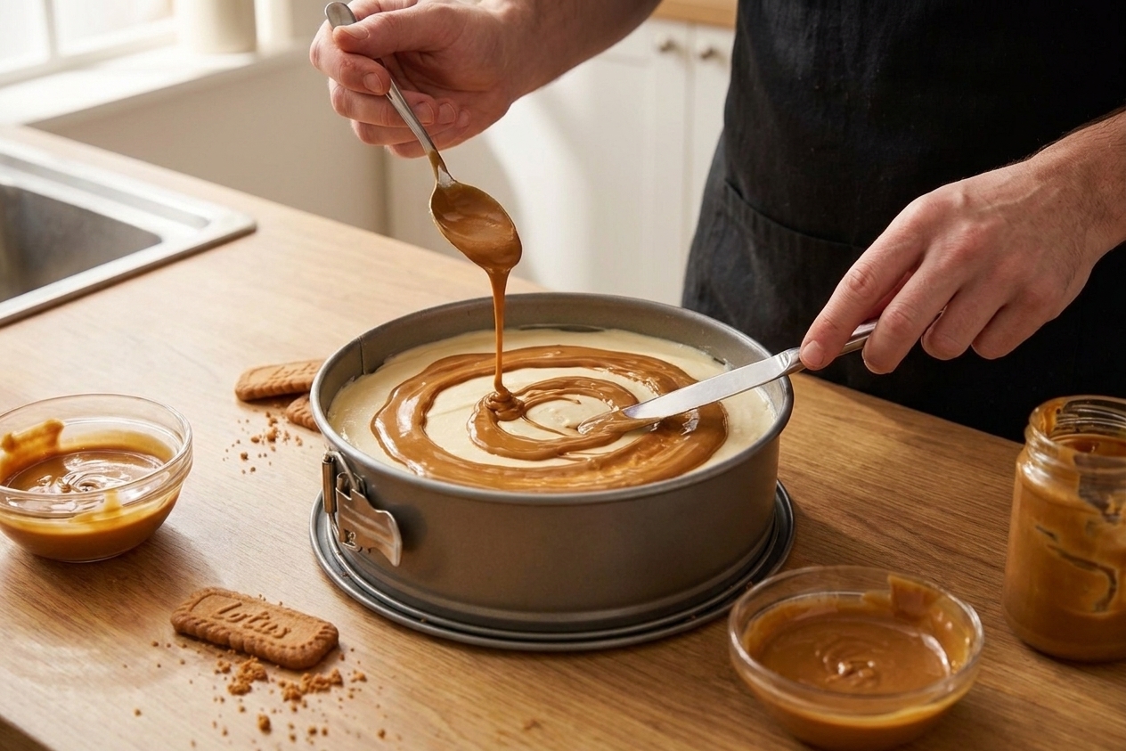 A spoon drizzling warmed cookie butter onto unbaked cheesecake filling in a springform pan, with a knife starting a simple swirl pattern