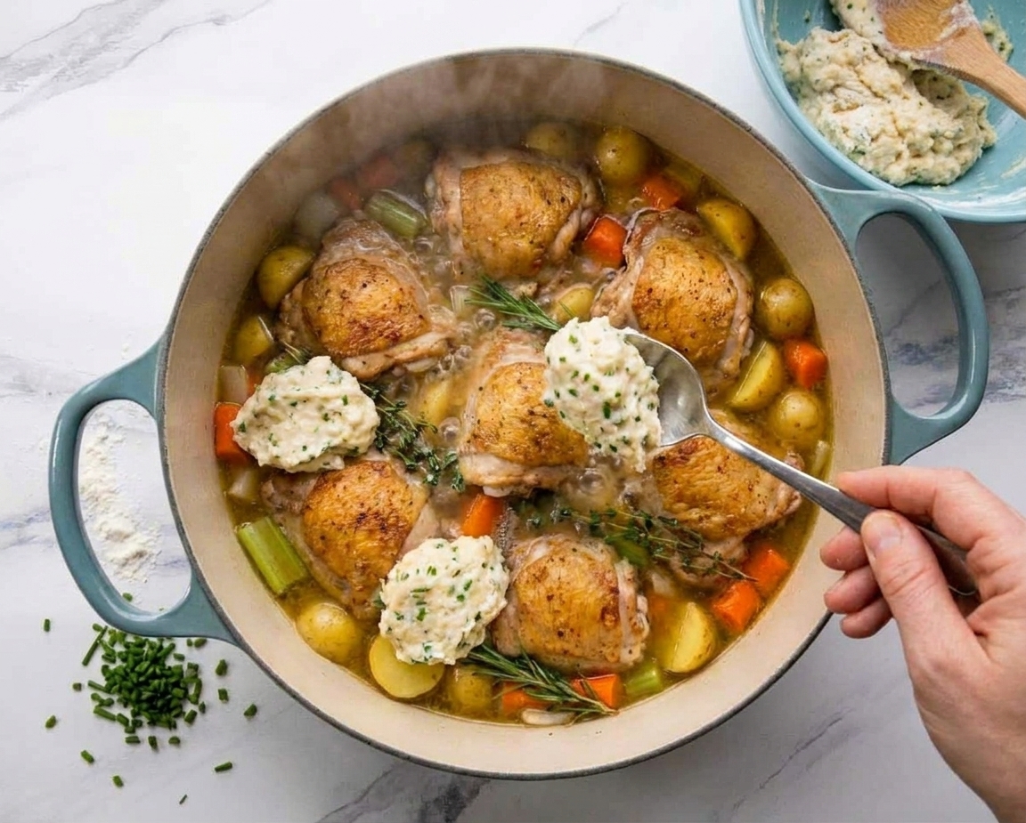 A spoon dropping dollops of dumpling dough onto simmering chicken soup in a Dutch oven