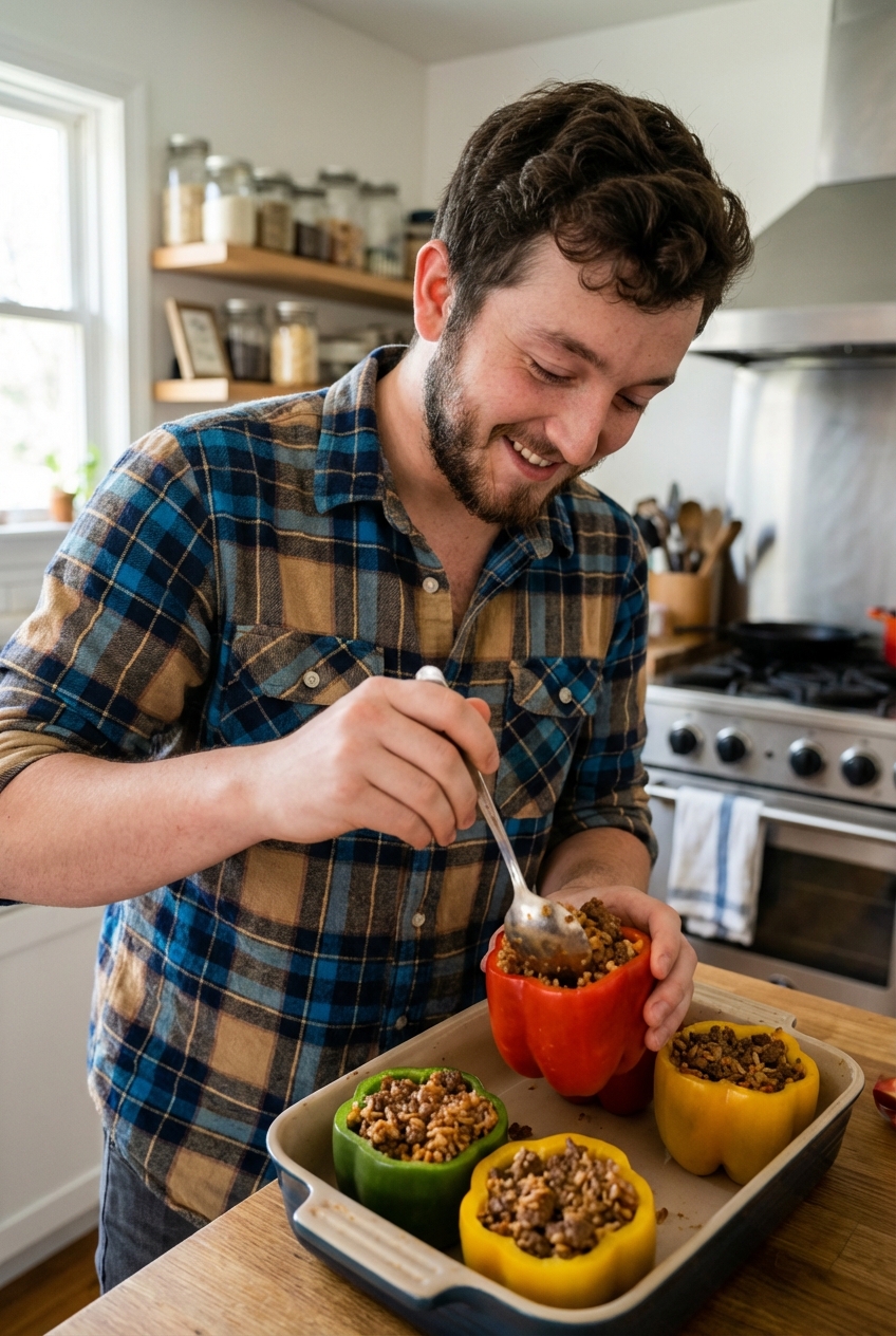 A spoon filling a hollowed bell pepper with a beef and rice mixture in a baking dish