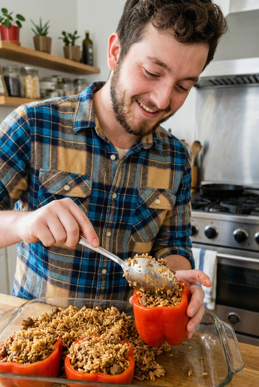A spoon filling a hollowed bell pepper with a fluffy rice and ground beef mixture in a baking dish