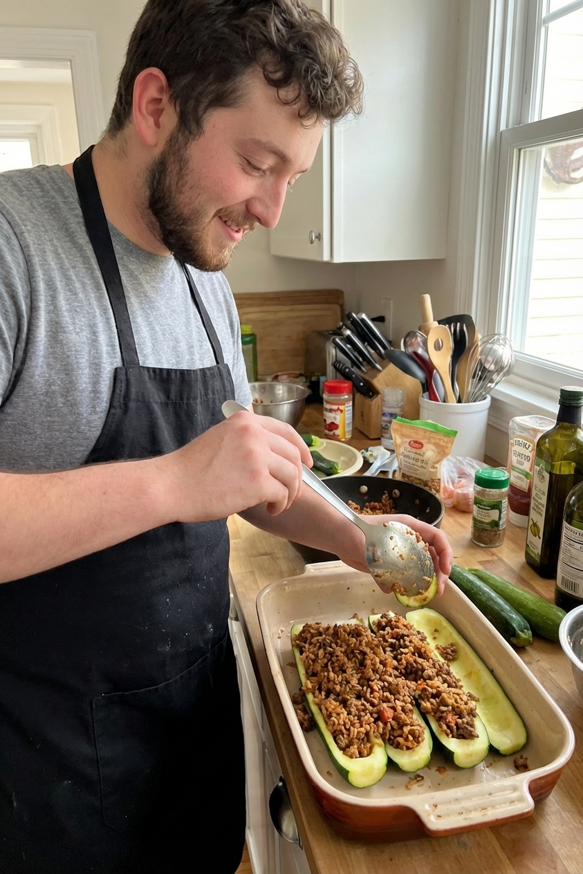 A spoon filling hollowed zucchini halves with a seasoned beef and rice mixture in a baking dish
