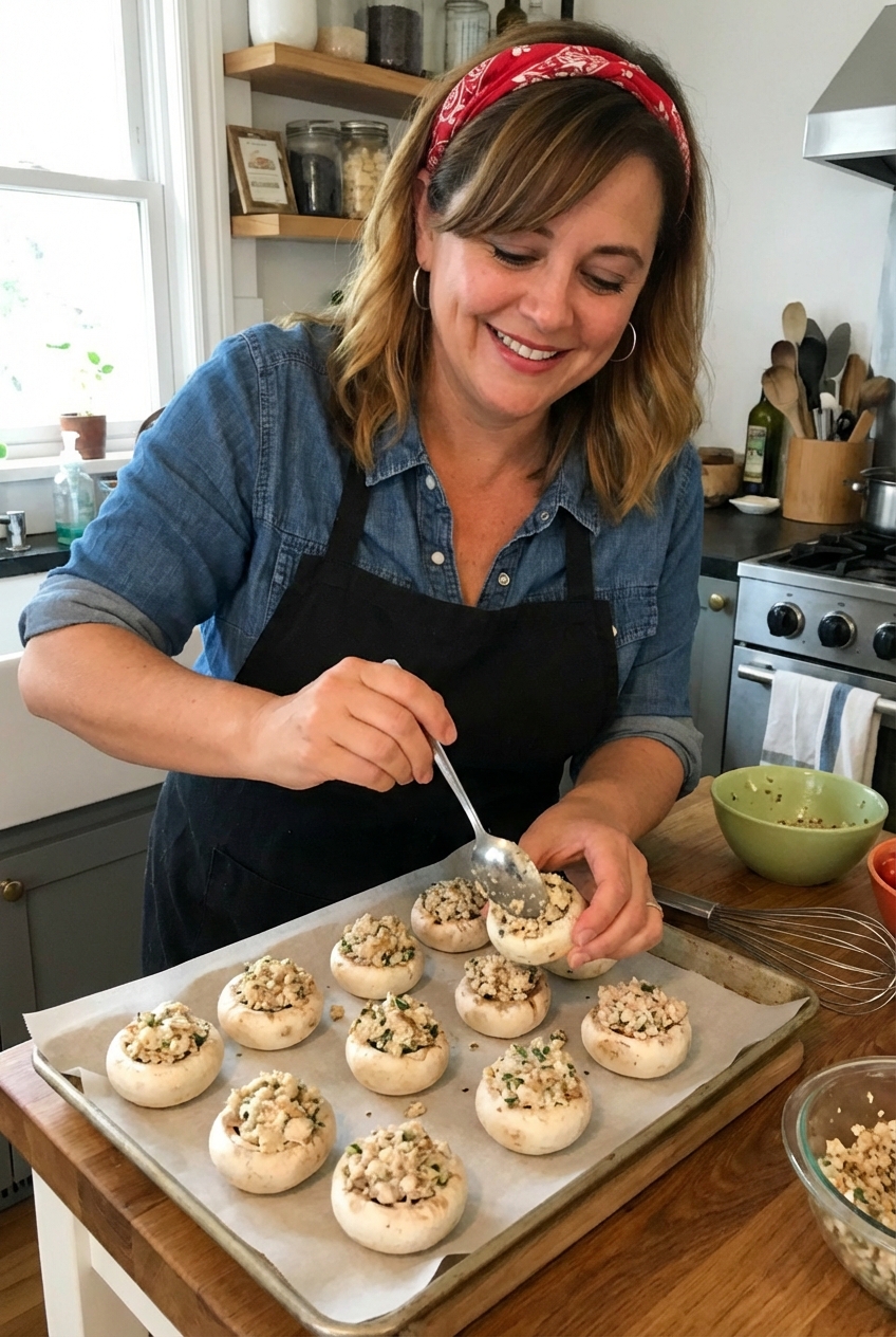 A spoon filling mushroom caps on a parchment lined baking sheet